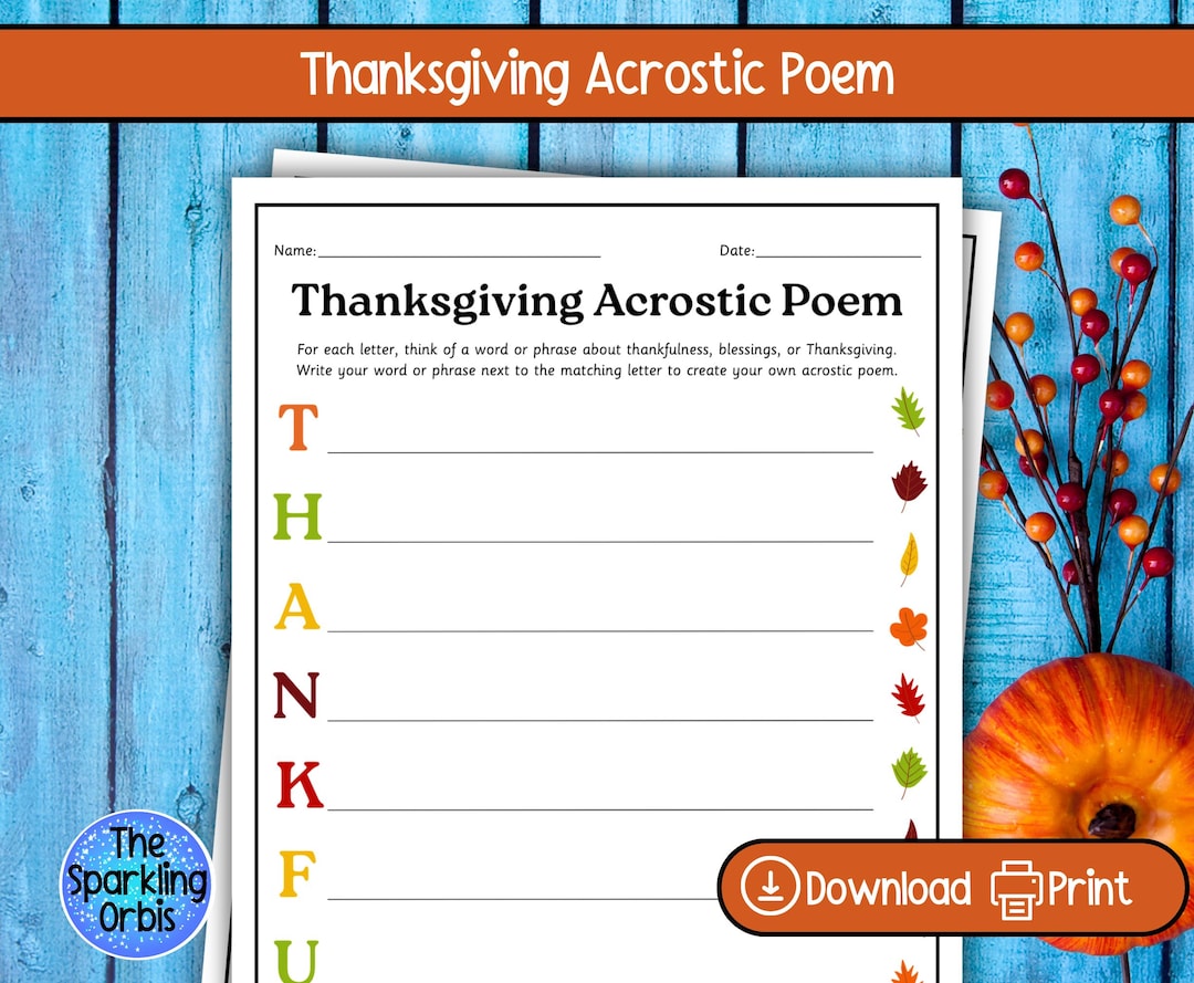 printable thanksgiving acrostic poem worksheet | thanksgiving