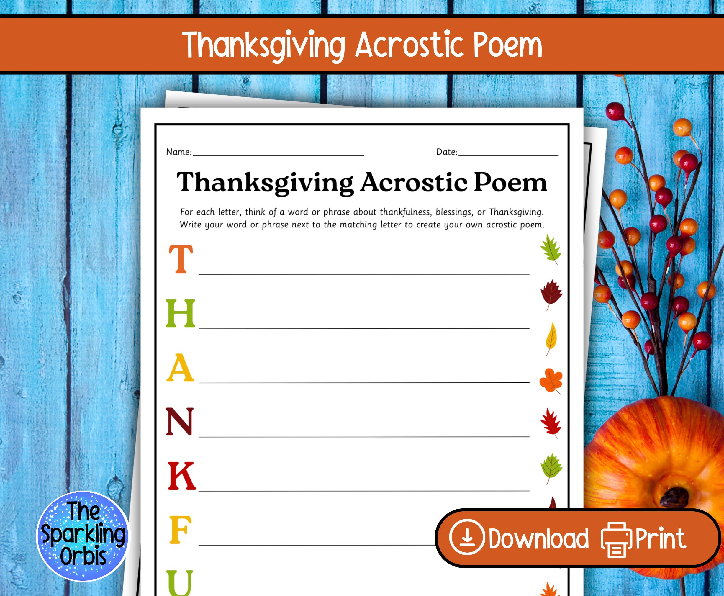 printable thanksgiving acrostic poem worksheet | thanksgiving