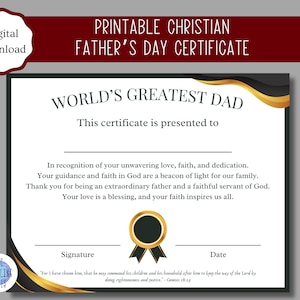Druckbare christliche Vatertagsurkunde | Vatertags-Andenken | Der größte Vater der Welt | Geschenk für Papa | A4 und US Letter |