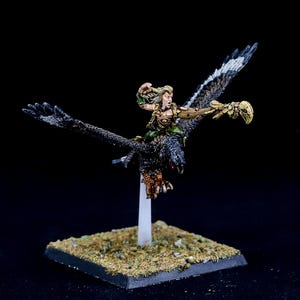 May include: Miniature figure of a warrior riding a large bird with outstretched wings. The bird is predominantly black with white wing accents and gold-colored talons. The warrior is clad in green and gold armor, mounted on a square base.