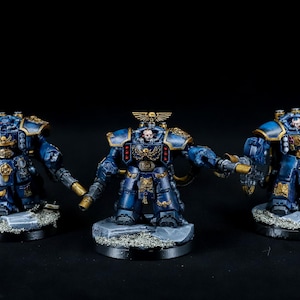 May include: Three blue and gold painted miniature space marine figures with weapons and a skull symbol on their chest plates. The figures are standing on circular bases.