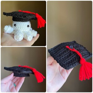 May include: A crocheted white octopus wearing a black graduation cap with a red tassel. The octopus has small black eyes. The graduation cap is also shown separately.