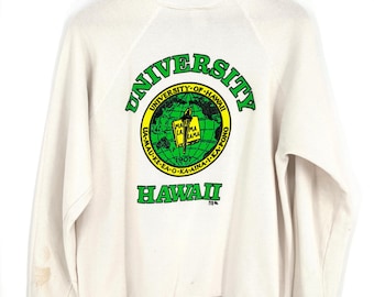 May include: Cream-colored University of Hawaii sweatshirt with a green and yellow graphic. The graphic features the word "UNIVERSITY" in green, a globe, and the word "HAWAII" in green. The sweatshirt is hanging on a wooden hanger.