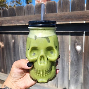 Skull Clear Glass Mason Jar Tumbler 16 oz includes Black Lid and Glass Straw