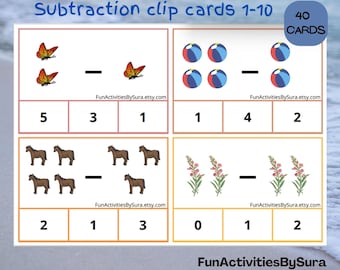 Printable subtraction clip cards 1-10, Nursery and EYFS maths activity. Printable maths game cards, Montessori resources, Maths activities