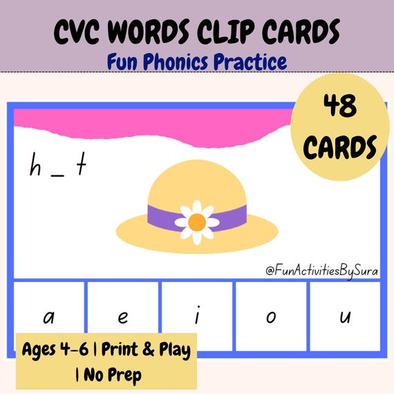 CVC Words Clip Cards Printable | Phonics Activity for Kindergarten | Vowel Sounds Game | Montessori Literacy | EYFS Homeschool PDF,
