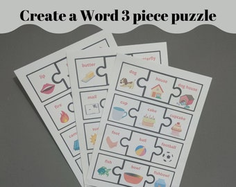 Crea una parola puzzle da 3 pezzi, puzzle per bambini, puzzle stampabile, fogli di lavoro stampabili, apprendimento scolastico in casa, attività di apprendimento precoce