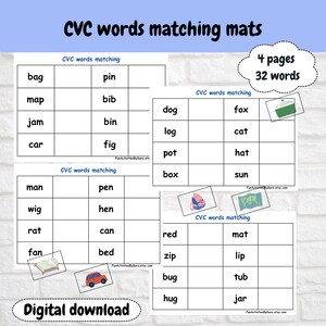 Werkbladen voor bij elkaar passende CVC-woorden, afdrukbare werkbladen, woordenlijsten en activiteiten voor de kleuterklas, thuisonderwijs, alfabetiseringsspel