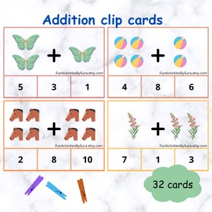 Tarjetas con pinzas para sumar para niños, actividad divertida de aprendizaje de matemáticas, herramienta de aprendizaje Montessori, actividad divertida de matemáticas de conteo, material imprimible divertido para aprender matemáticas