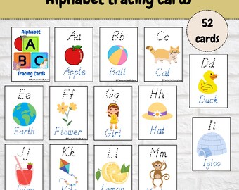 May include: A set of 52 alphabet tracing cards featuring letters A through M with corresponding illustrations like an apple, ball, cat, duck, earth, flower, girl, hat, igloo, juice, kite, lemon, and monkey. Each card displays dotted letters.