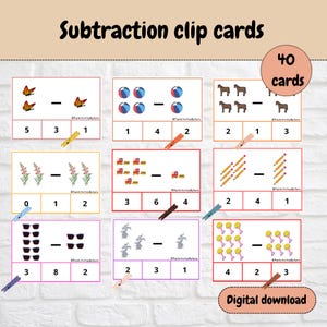 May include: A set of 40 subtraction clip cards featuring colourful illustrations of butterflies, balls, horses, flowers, trains, pencils, sunglasses, rabbits, and rattles. Each card displays a subtraction equation and three numerical options.