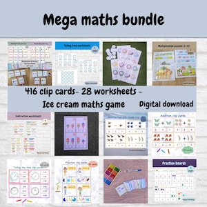 Puede incluir: Un conjunto de recursos educativos de matemáticas, que incluyen tarjetas de pinza, hojas de trabajo y rompecabezas. La imagen presenta varias actividades matemáticas, como decir la hora, la resta y las tablas de fracciones. El título "Mega paquete de matemáticas" se muestra en la parte superior.