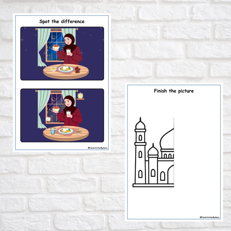 May include: Two activity sheets on white paper. One sheet has two illustrations of a person at a table, with the text "Spot the difference". The other sheet has a mosque outline and the text "Finish the picture".