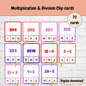 Actividad de multiplicación y división con tarjetas recortables, tarjetas de matemáticas para niños, imprimibles educativos, actividades del centro de matemáticas, descarga digital