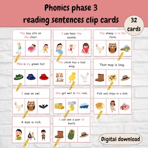 Schede con clip stampabili per la lettura delle frasi di fase 3 di Phonics, frasi di lettura, frasi di fase 3, imparare a leggere, Montessori, leggere frasi.
