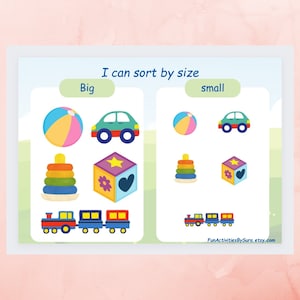 Attività per bambini piccoli con ordinamento in base alle dimensioni, Attività per bambini piccoli con velcro per ordinare in grande e in piccolo, Apprendimento EYFS, Attività stampabili per bambini piccoli, Scheda di lavoro per l'ordinamento