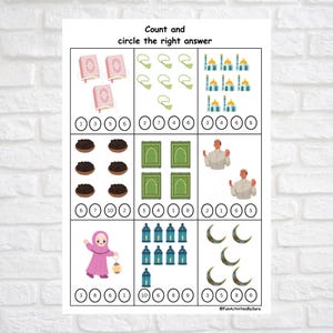 May include: Educational worksheet with the text "Count and circle the right answer." Features illustrations of books, prayer beads, mosques, dates, prayer rugs, praying figures, lanterns, and crescent moons. Numbers are provided for counting.