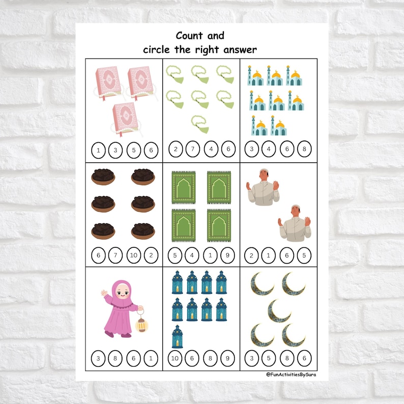 May include: Educational worksheet with the text "Count and circle the right answer." Features illustrations of books, prayer beads, mosques, dates, prayer rugs, praying figures, lanterns, and crescent moons. Numbers are provided for counting.