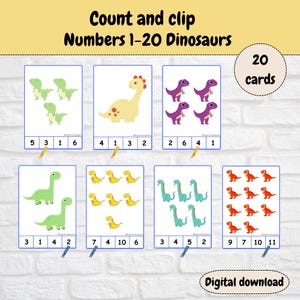 May include: A printable set of 20 cards featuring colorful dinosaur illustrations. Each card has a number and a set of dinosaurs to count. The text "Count and clip Numbers 1-20 Dinosaurs" is at the top of the page.