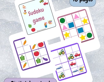 Pode incluir: Um download digital de 10 páginas de jogo de Sudoku imprimíveis para crianças. As páginas apresentam uma variedade de imagens coloridas, incluindo vegetais, carros e um helicóptero. O texto "Sudoku game" está escrito em rosa sobre um fundo branco.