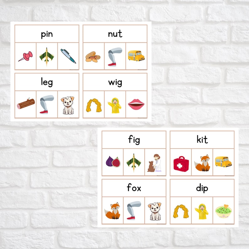 May include: A set of printable educational cards for kids to learn about rhyming words. Each card features a word and three images, two of which rhyme with the word. The words are: pin, nut, leg, wig, fig, kit, fox, and dip.