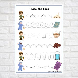 May include: A white educational worksheet with the text "Trace the lines" and illustrations of a mosque, a book, a bowl of soup, dates, a glass of water, and a prayer rug. The worksheet features dotted lines for tracing practice, with cartoon figures.