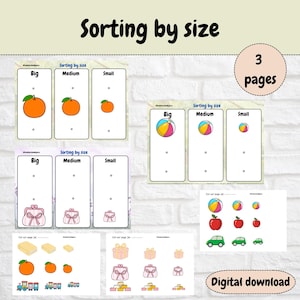 May include: Educational printable featuring "Sorting by size" with illustrations of oranges, beach balls, purses, gifts, and more. Includes the text "3 pages" and "Digital download".