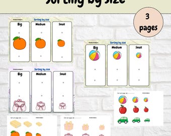 Kleinkind Sortieraktivität: Große, mittlere und kleine Objekte (PDF-Muster), Sortieren nach Größe Aktivitätsspiel, Kinder Aktivitätspaket, Buchseiten.