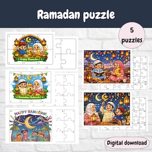 May include: A set of five Ramadan-themed puzzles. Each puzzle features colorful illustrations of children celebrating Ramadan, with text that reads "Ramadan puzzle", "Happy Ramadan!", and "Ramadan Mubarak!" The words "Digital download" are also visible.
