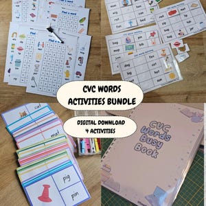 Pack d'apprentissage des mots CVC, cartes-éclair imprimables, listes de mots et activités pour la maternelle, enseignement de la phonétique à la maternelle, enseignement à domicile, jeux d'alphabétisation