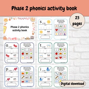 以下が含まれることがあります： 「Phase 2 phonics activity book」というタイトルの、23ページからなるカラフルな教育用アクティビティブック。この本は、幼い学習者のための、トレース、読書、絵合わせの練習を特徴としています。「Digital download」という言葉が含まれています。