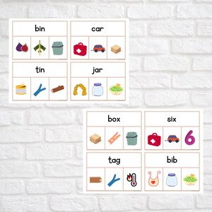 May include: A set of six printable flashcards with images and words for early literacy activities. The words are "bin", "car", "tin", "jar", "box", "six", "tag", and "bib".