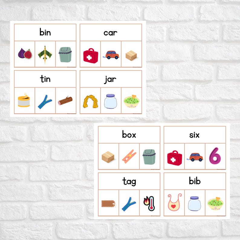 May include: A set of six printable flashcards with images and words for early literacy activities. The words are "bin", "car", "tin", "jar", "box", "six", "tag", and "bib".