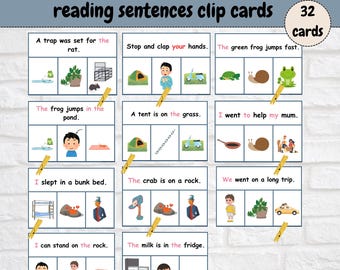 May include: Educational clip cards for phonics phase 4 reading sentences. The cards feature colorful illustrations and simple sentences like "The frog jumps in the pond." Includes 32 cards and a digital download option.