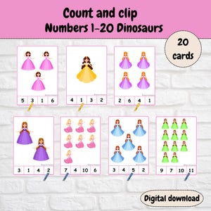 Op de afbeelding: Een set van 20 afdrukbare kaarten met cartoonprinsessen met de nummers 1-20. De kaarten zijn ontworpen voor een tel- en knipactiviteit. De tekst "Count and clip Numbers 1-20 Dinosaurs" staat bovenaan de afbeelding.