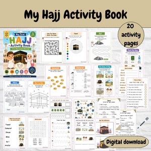 Peut inclure: Un cahier d'activités coloré intitulé "My Hajj Activity Book" avec 20 pages d'activités. La couverture présente des illustrations d'enfants en tenue traditionnelle. Il contient des labyrinthes, des jeux d'association et des quiz sur le pèlerinage du Hajj. "Téléchargement numérique" en bas.