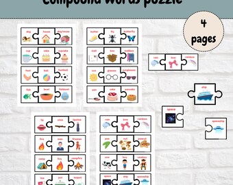 May include: A printable compound words puzzle for kids. The puzzle features images and words like dog house, butterfly, rainbow, and spaceship. The puzzle is designed to help children learn about compound words.