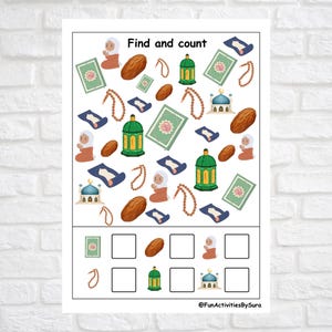 May include: A white educational worksheet with the text "Find and count." The worksheet features illustrations of a mosque, prayer beads, dates, a lantern, a prayer rug, and a person praying. The bottom section has boxes for counting.