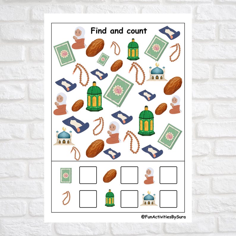 May include: A white educational worksheet with the text "Find and count." The worksheet features illustrations of a mosque, prayer beads, dates, a lantern, a prayer rug, and a person praying. The bottom section has boxes for counting.