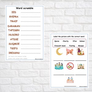 May include: Two educational worksheets on a white background. One is a word scramble with the title "Word scramble" and the other is a picture labeling activity. The picture labeling activity includes images of a crescent moon, a book, and a mosque.