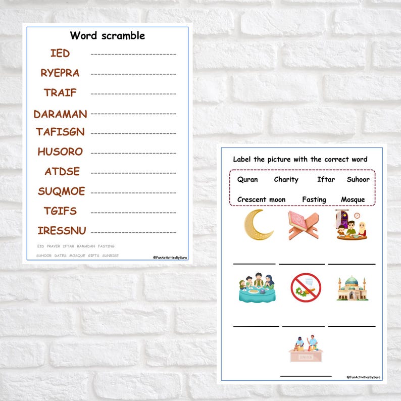 May include: Two educational worksheets on a white background. One is a word scramble with the title "Word scramble" and the other is a picture labeling activity. The picture labeling activity includes images of a crescent moon, a book, and a mosque.