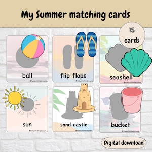 Bijpassende kaarten zomer, bijpassende kaarten schaduw, flashcards, kaartactiviteit voorschoolse, afdrukbare montessorikaarten, voorschoolse activiteit zomer,