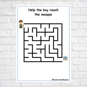 May include: A white paper with a black maze, a cartoon boy, and a mosque illustration. The text "Help the boy reach the mosque" is at the top. The bottom right corner has the text "@FunActivitiesBySura".