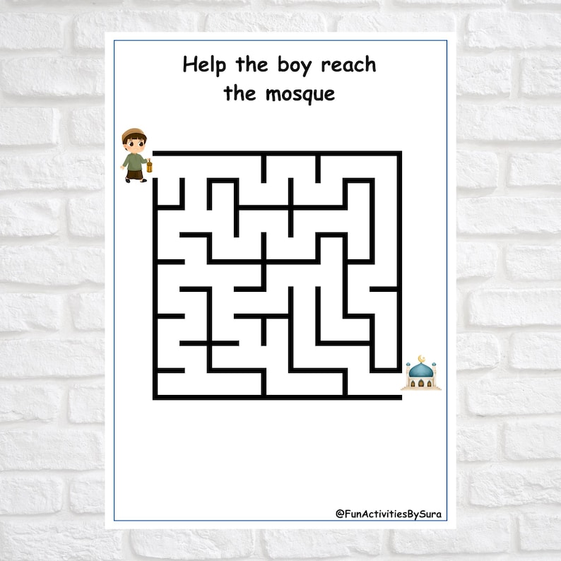 May include: A white paper with a black maze, a cartoon boy, and a mosque illustration. The text "Help the boy reach the mosque" is at the top. The bottom right corner has the text "@FunActivitiesBySura".