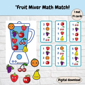 Könnte beinhalten: Ein druckbares Mathe-Spiel für Kinder mit einem Mixer und Früchten. Das Spiel enthält 14 Karten mit Zahlen und Bildern von Früchten. Der Text "Fruit Mixer Math Match!" und "1 mat 14 cards" ist im Bild enthalten.