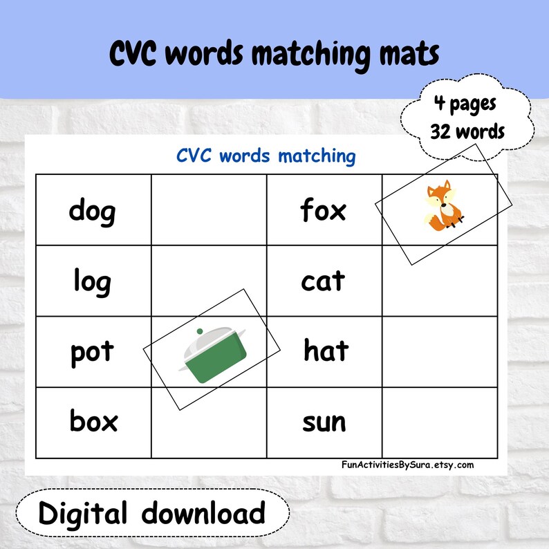 CVC Words Matching Worksheet: Kindergarten Phonics Game (digital ...