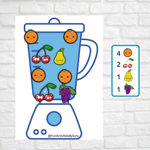 Pode incluir: Um liquidificador azul com uma tampa e uma base brancas. O liquidificador est&aacute; cheio de frutas, incluindo laranjas, cerejas, peras e uvas. Um gr&aacute;fico no lado direito da imagem mostra o n&uacute;mero de cada tipo de fruta: 4 laranjas, 2 cerejas, 1 p&ecirc;ra e 1 uva. O texto "@FunActivitiesBySura" est&aacute; na parte inferior da imagem.