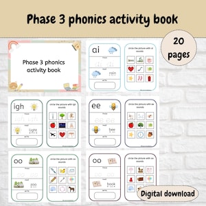 Libro de actividades fonéticas de fase 3, aprendizaje de fonética, educación en el hogar, fonética preescolar, fonética de fase 3, tarjetas fonéticas imprimibles.