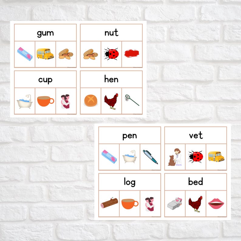 May include: A set of printable educational flashcards for young learners. Each card features a word and three images, one of which matches the word. The words include gum, nut, cup, hen, pen, vet, log, and bed.