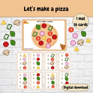 Pode incluir: Um conjunto de atividades para download intitulado Let's make a pizza, com um tapete de pizza e 16 cartões. O tapete mostra uma pizza com coberturas como pepperoni, cogumelos, pimentos, cebola, queijo e manjericão. Os cartões exibem números.